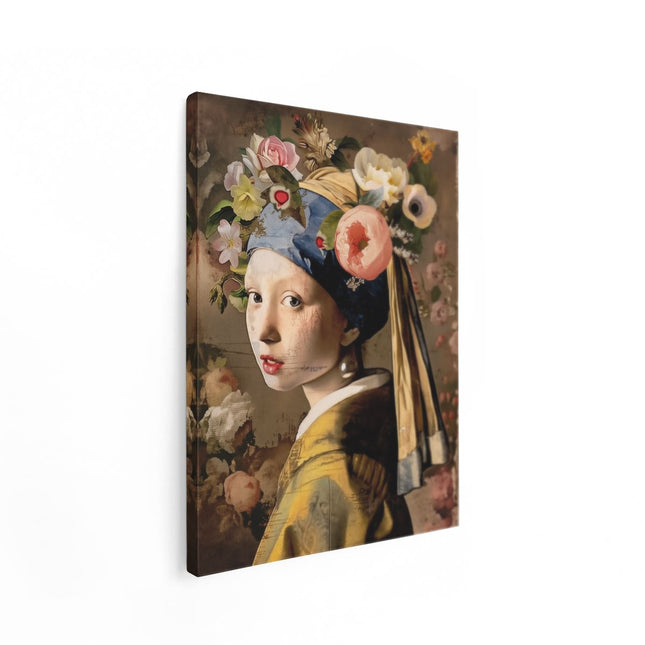 Canvas Schilderij Staand Meisje met een Pareloorring en Bloemen