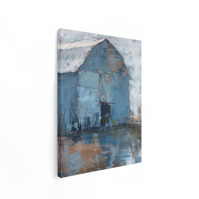 Canvas Schilderij Staand Kunstwerk van een Blauwe Schuur