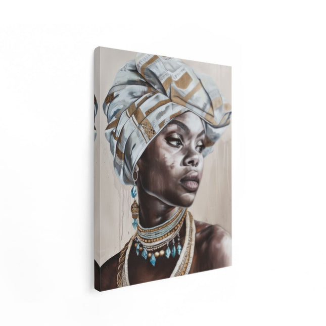 Canvas Schilderij Staand Afrikaanse Vrouw die een Tulband Draagt