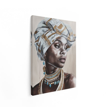 Canvas Schilderij Staand Afrikaanse Vrouw die een Tulband Draagt