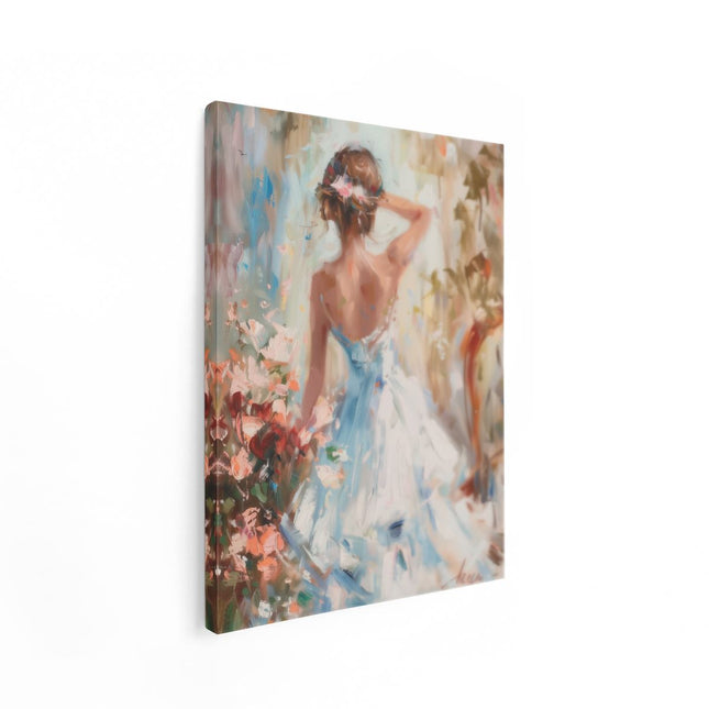 Canvas Schilderij Staand Kunstwerk van een Vrouw in een Blauwe Jurk