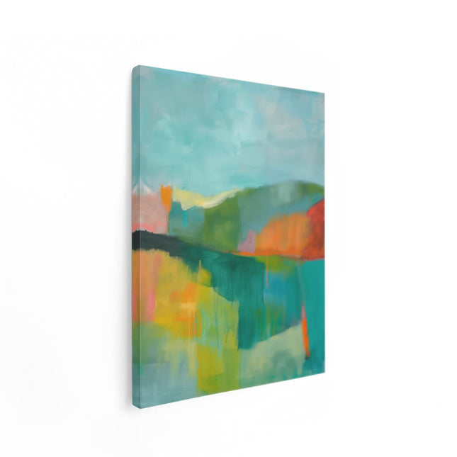 Canvas Schilderij Staand Abstract Kunstwerk van een Groen, Oranje en Blauw Landschap