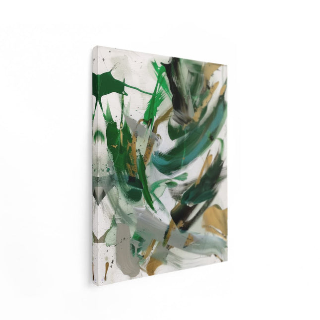 Canvas Schilderij Staand Abstract Kunstwerk met Groene en Gouden Verf