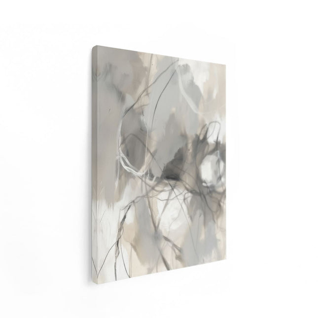 Canvas Schilderij Staand Abstract Kunstwerk met Witte en Grijze Penseelstreken