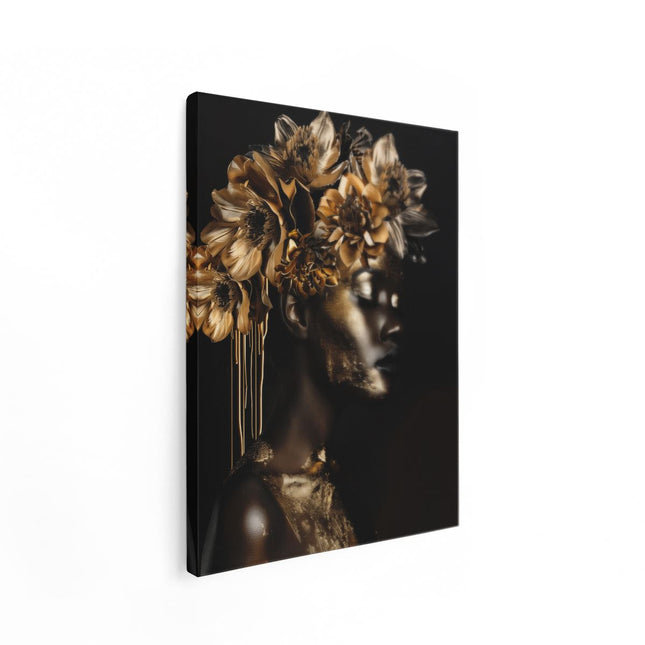 Canvas Schilderij Staand Zwart en Goud Portret van een Vrouw met Bloemen op haar Hoofd