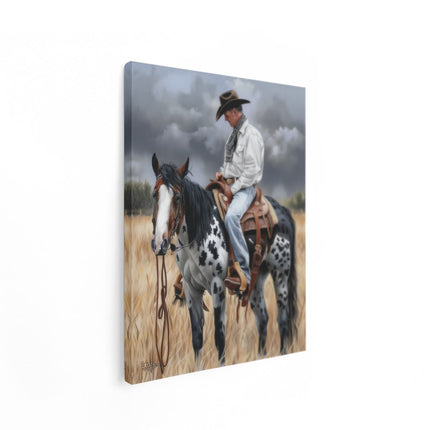 Canvas Schilderij Staand Cowboy op een Paard