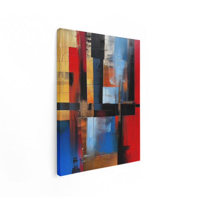 Canvas Schilderij Staand Abstract Kunstwerk met Rode, Blauwe en Gele Kleuren