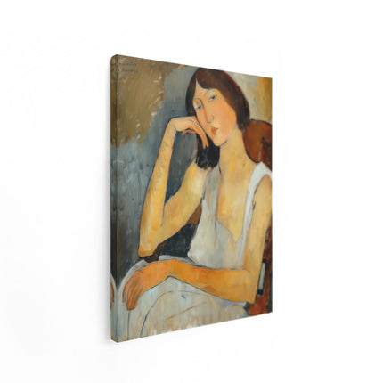 Canvas Schilderij Staand Vrouw Zittend in een Stoel met haar Hand op haar Kin
