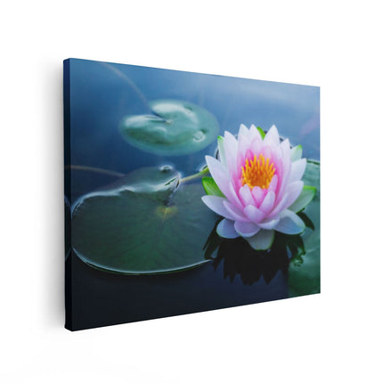 Canvas Schilderij Vooraanzicht Roze Lotusbloem Met Waterlelies 