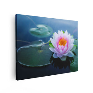 Canvas Schilderij Vooraanzicht Roze Lotusbloem Met Waterlelies 