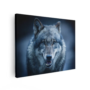 Canvas Schilderij Vooraanzicht Wolvenkop Met Blauwe Ogen - Wolf