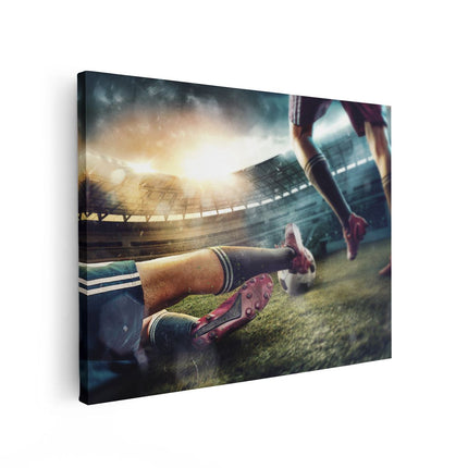 Canvas Schilderij Vooraanzicht Voetbal Sliding In Het Stadion