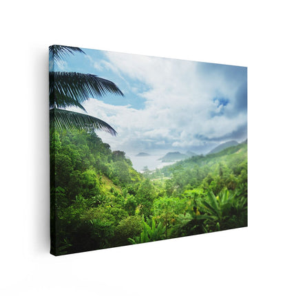 Canvas Schilderij Vooraanzicht Jungle Uitzicht Op De Seychellen