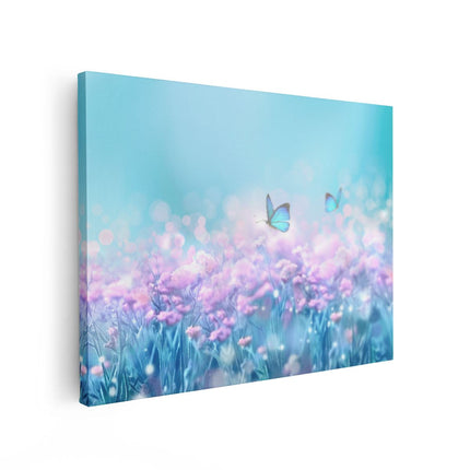 Canvas Schilderij Vooraanzicht Twee Blauwe Vlinders Bij Roze Bloemen