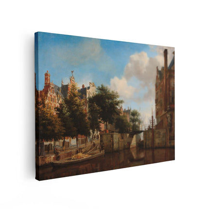 Canvas Schilderij Vooraanzicht Amsterdams Stadsgezicht met Huizen aan de Herengracht - Jan van der Heyden