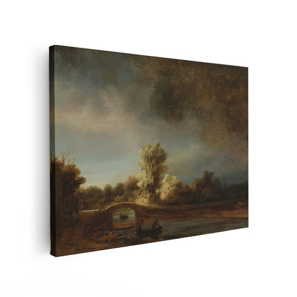 Canvas Schilderij Vooraanzicht Landschap met Stenen Brug - Rembrandt van Rijn