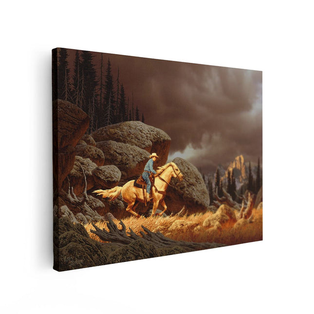 Canvas Schilderij Vooraanzicht Cowboy op zijn Paard
