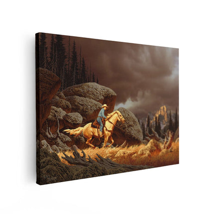 Canvas Schilderij Vooraanzicht Cowboy op zijn Paard