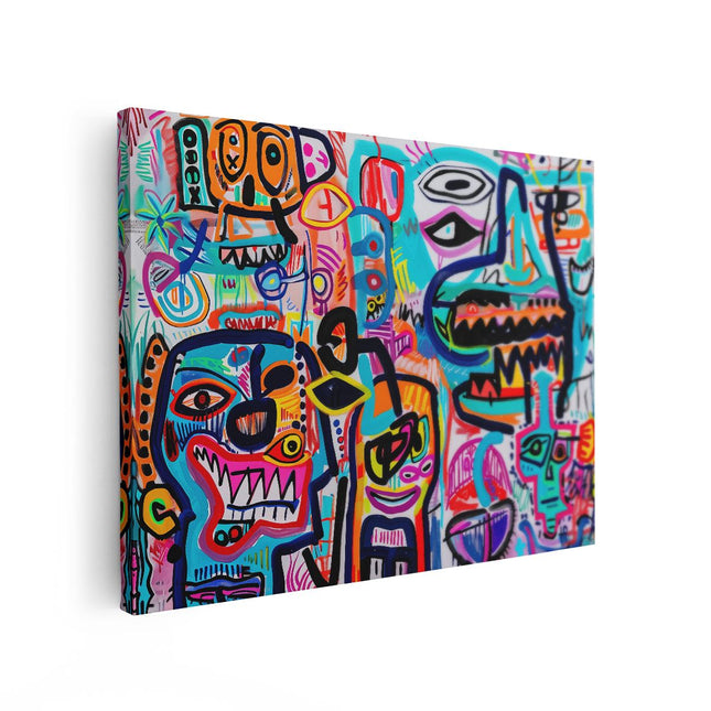 Canvas Schilderij Vooraanzicht Kleurrijk Kunstwerk met veel Gezichten