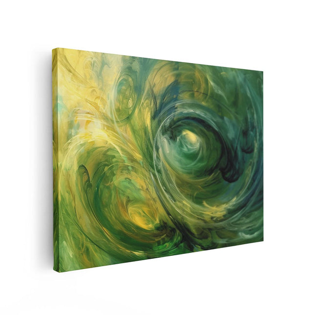 Canvas Schilderij Vooraanzicht Abstract Kunstwerk van Groene en Gele Wervelingen