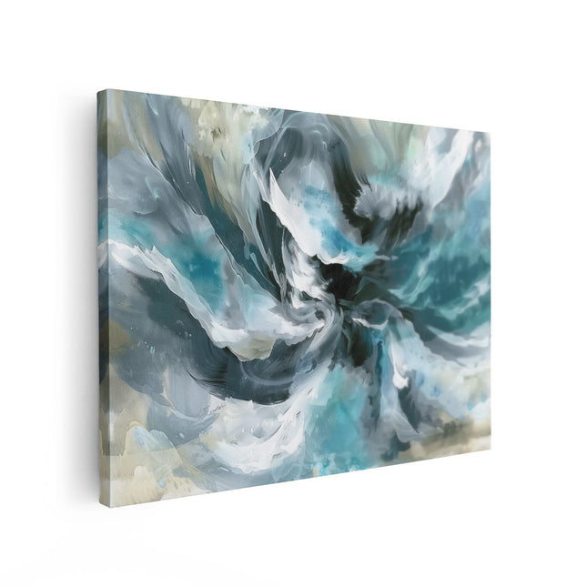 Canvas Schilderij Vooraanzicht Abstract Kunstwerk van een Blauwe en Witte Werveling