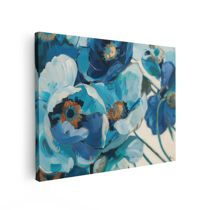 Canvas Schilderij Vooraanzicht Kunstwerk van Blauwe Bloemen op een Witte Achtergrond