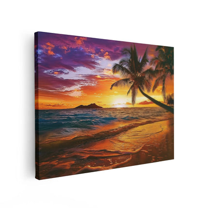 Canvas Schilderij Vooraanzicht Zonsondergang op een Strand met Palmbomen