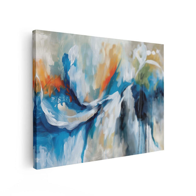 Canvas Schilderij Vooraanzicht Abstract Kunstwerk met Blauwe, Oranje en Witte Kleuren