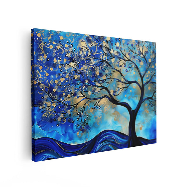 Canvas Schilderij Vooraanzicht Abstract Kunstwerk van een Boom in Blauw en Goud
