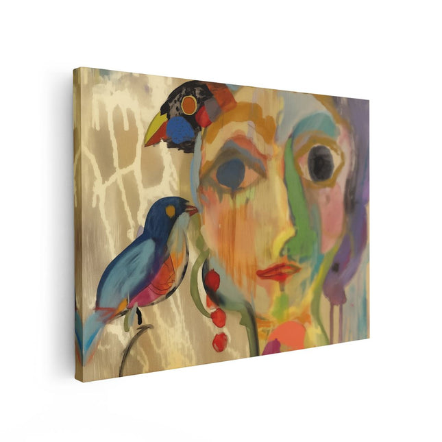Canvas Schilderij Vooraanzicht Kunstwerk van een Vrouw met Vogels op haar Hoofd