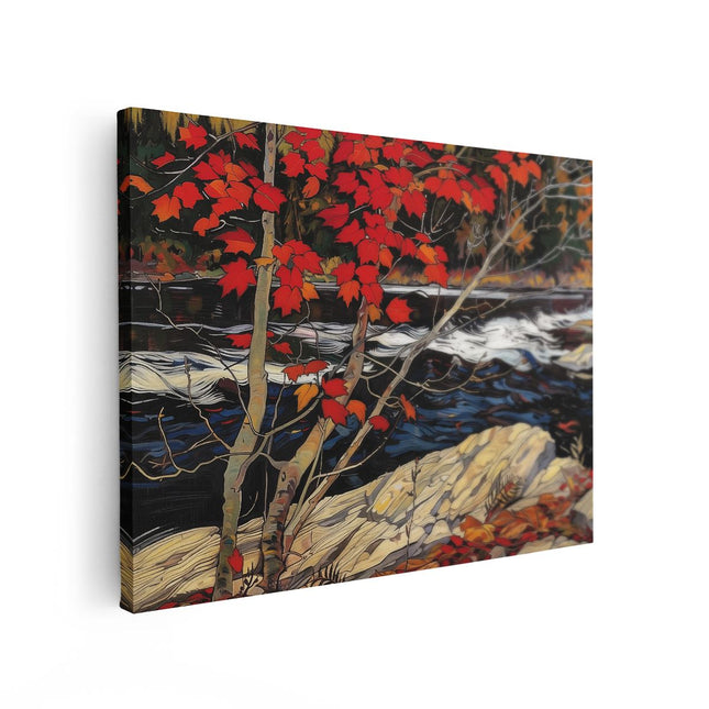 Canvas Schilderij Vooraanzicht Kunstwerk van een Rivier met Rode Bladeren