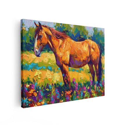 Canvas Schilderij Vooraanzicht Paard in een Veld met Bloemen