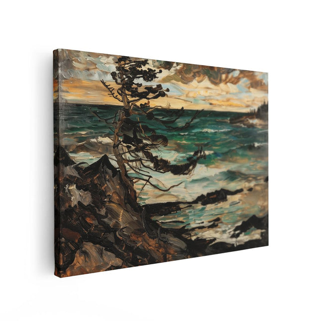 Canvas Schilderij Vooraanzicht Kunstwerk van een Boom op een Rotsachtige Kust