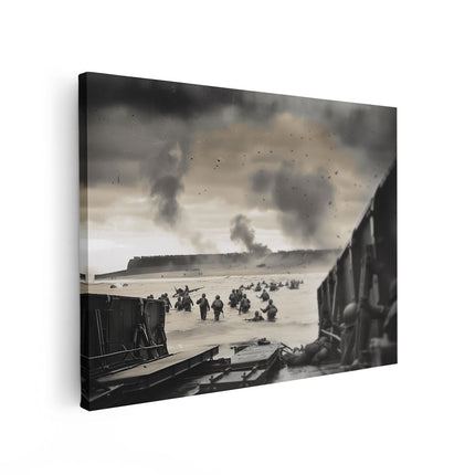 Canvas Schilderij Vooraanzicht Groep Soldaten op een Boot in het Water