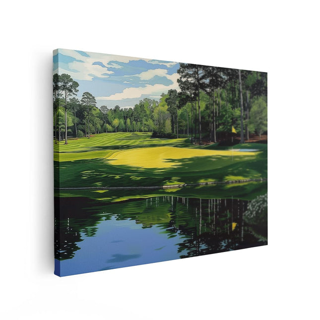 Canvas Schilderij Vooraanzicht Kunstwerk van een Golfbaan met Vijver