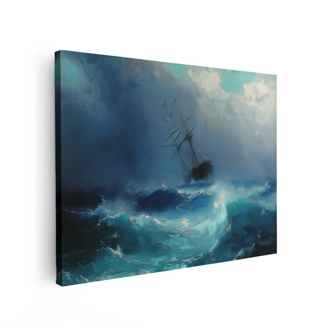 Canvas Schilderij Vooraanzicht Kunstwerk van een Schip in een Stormachtige Zee
