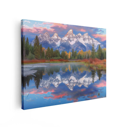 Canvas Schilderij Vooraanzicht Het Grand Teton-Gebergte Wordt Weerspiegeld in een Meer