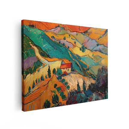 Canvas Schilderij Vooraanzicht Kunstwerk van een Huis op een Heuvel