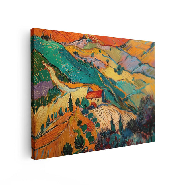 Canvas Schilderij Vooraanzicht Kunstwerk van een Huis op een Heuvel
