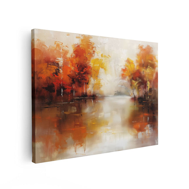 Canvas Schilderij Vooraanzicht Kunstwerk van Herfstbomen bij een Rivier