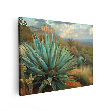 Canvas Schilderij Vooraanzicht Cactus in de Woestijn met Bergen op de Achtergrond