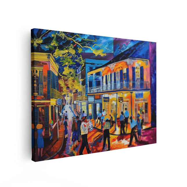 Canvas Schilderij Vooraanzicht Kunstwerk van Mensen die door een Straat Lopen in New Orleans