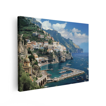 Canvas Schilderij Vooraanzicht Stad op de Kliffen van de Kust van Amalfi