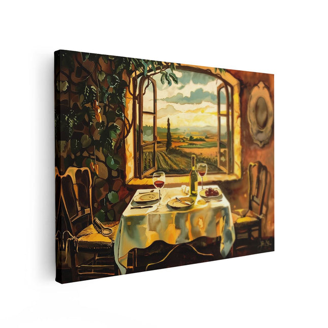 Canvas Schilderij Vooraanzicht Kunstwerk van een Tafel met Wijn en Uitzicht op Toscane