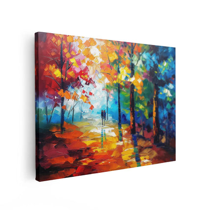 Canvas Schilderij Vooraanzicht Olieverfschilderij van een Stel dat in het Bos loopt