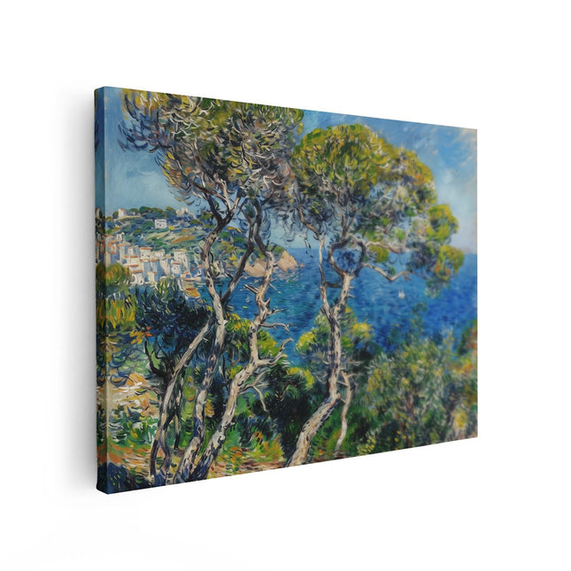 Canvas Schilderij Vooraanzicht Kunstwerk van Bomen op een Heuvel met Uitzicht op de Oceaan