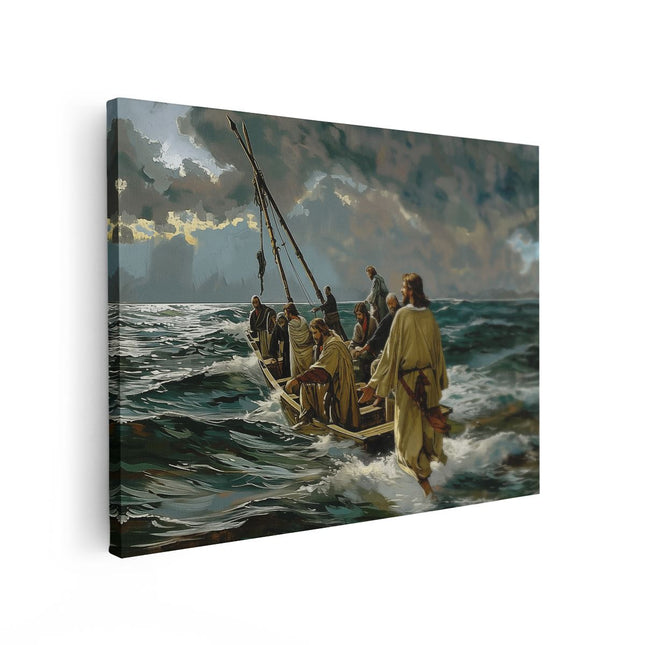 Canvas Schilderij Vooraanzicht Kunstwerk van Jezus en zijn Volgelingen in een Boot