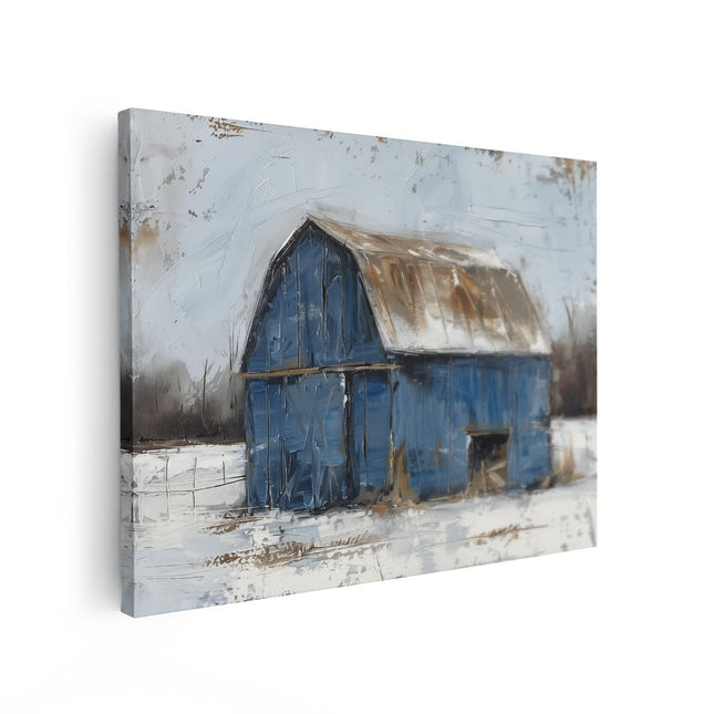 Canvas Schilderij Vooraanzicht Kunstwerk van een Blauwe Schuur in de Sneeuw