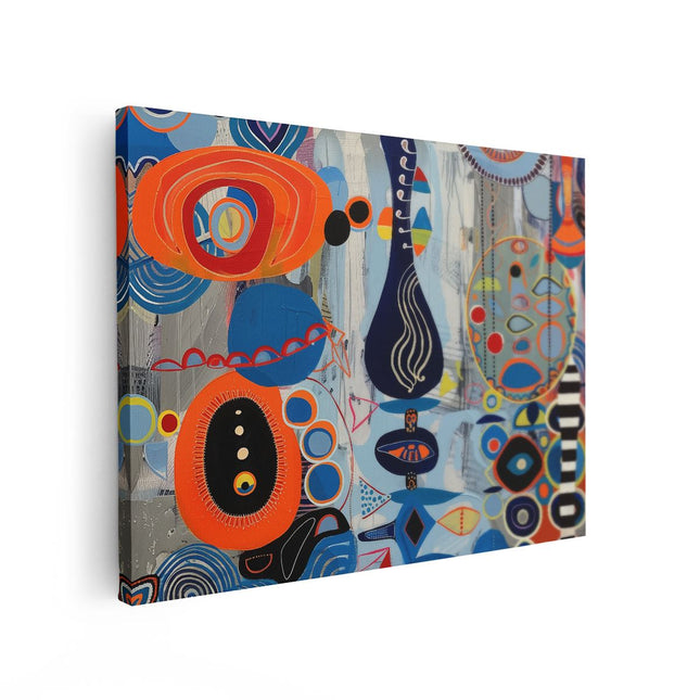 Canvas Schilderij Vooraanzicht Abstract Kunstwerk met Blauwe, Oranje en Zwarte Vormen