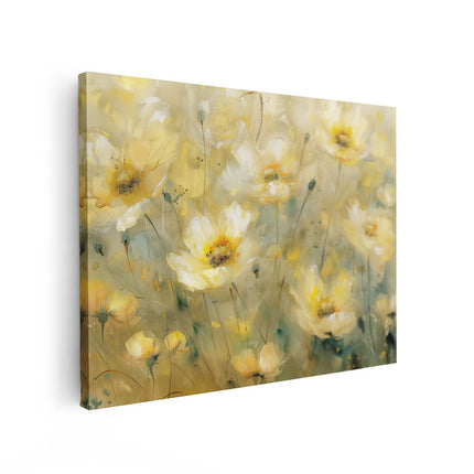 Canvas Schilderij Vooraanzicht Gele Bloemen in een Veld